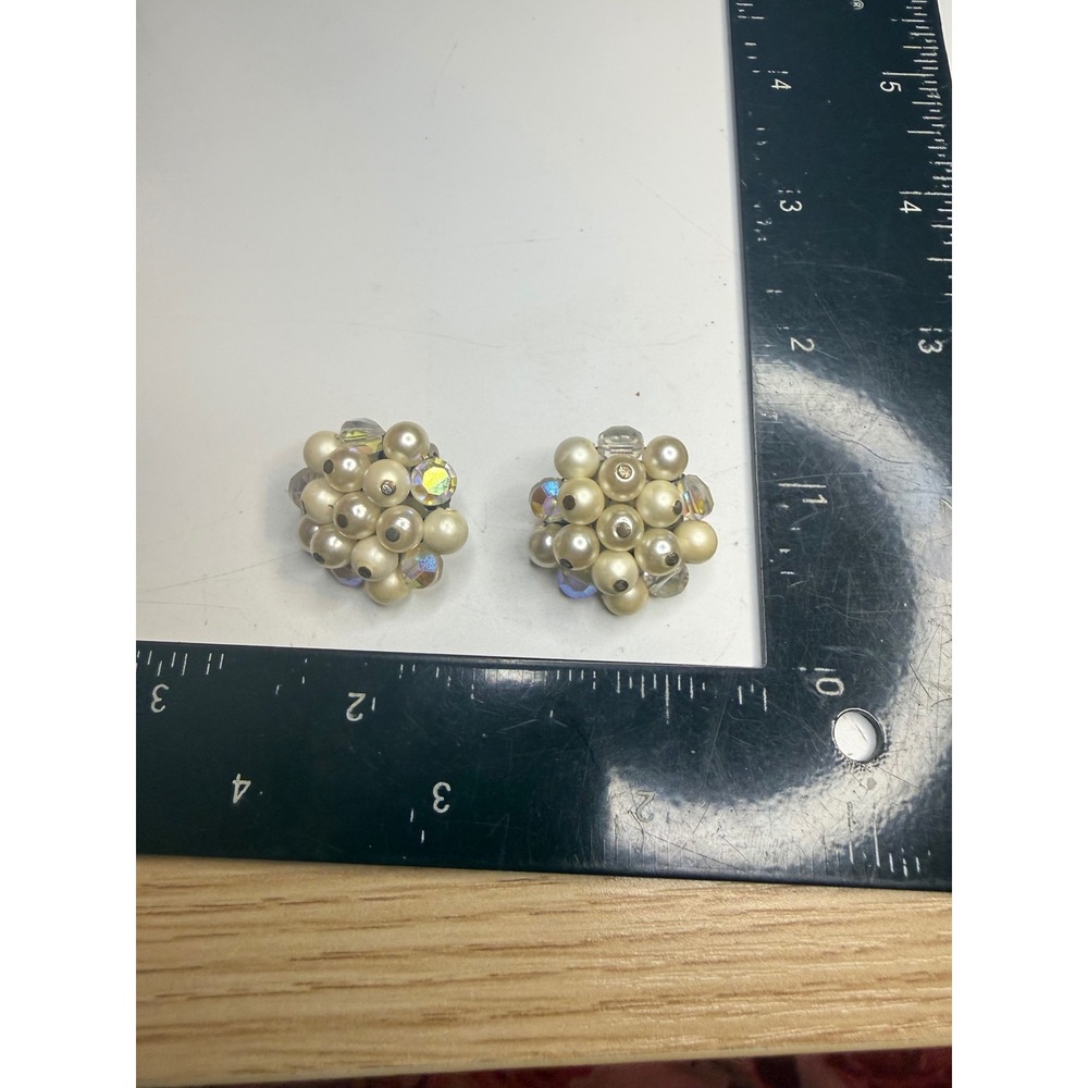 Laguna Faux Pearl Aurora Borealis Crystal Cluster Clip On Earrings Silver Tone